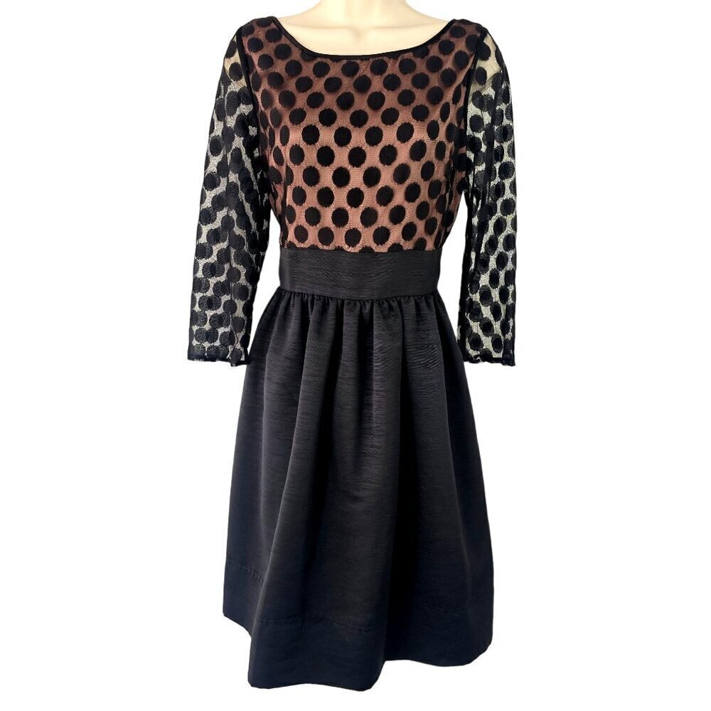 Eliza J Black on Nude Polka Dot Mesh Dress Sz 8-10 Fit Flare Long Slv Full Skirt